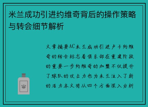 米兰成功引进约维奇背后的操作策略与转会细节解析