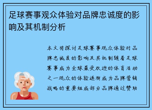 足球赛事观众体验对品牌忠诚度的影响及其机制分析