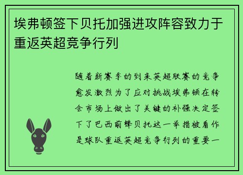 埃弗顿签下贝托加强进攻阵容致力于重返英超竞争行列 埃弗顿签下贝托加强进攻阵容致力于重返英超竞争行列